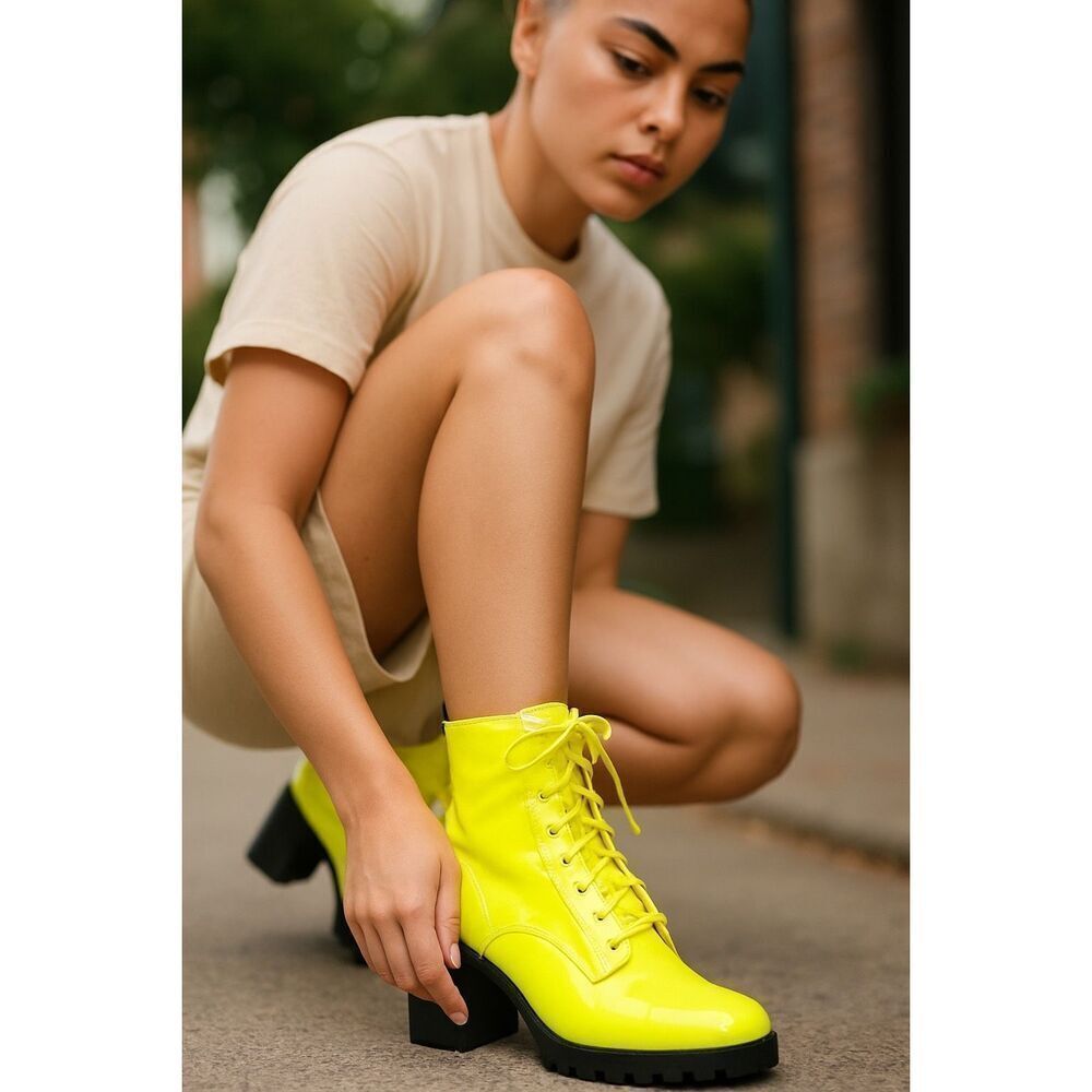Qupid SORRENTO Neon Patent Lace-Up Heeled Combat Boots 7